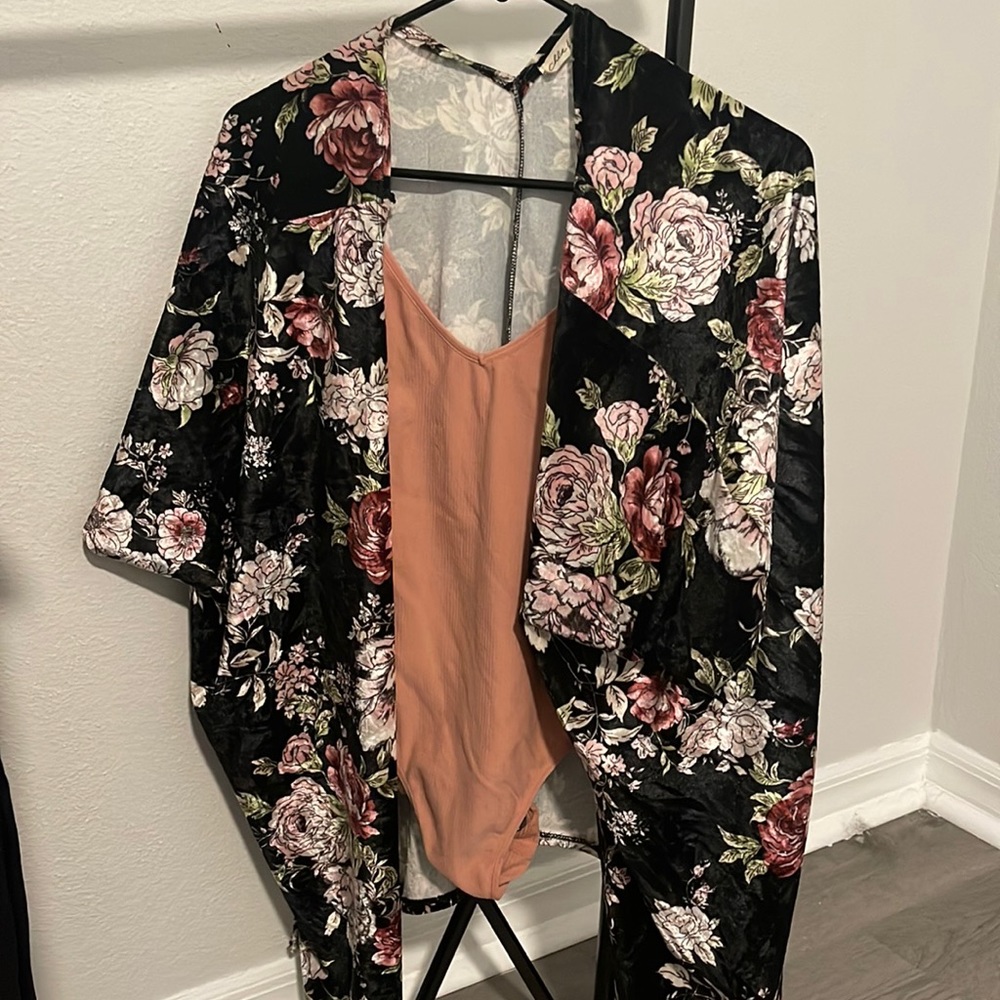 Mauve bodysuit with floral cover up